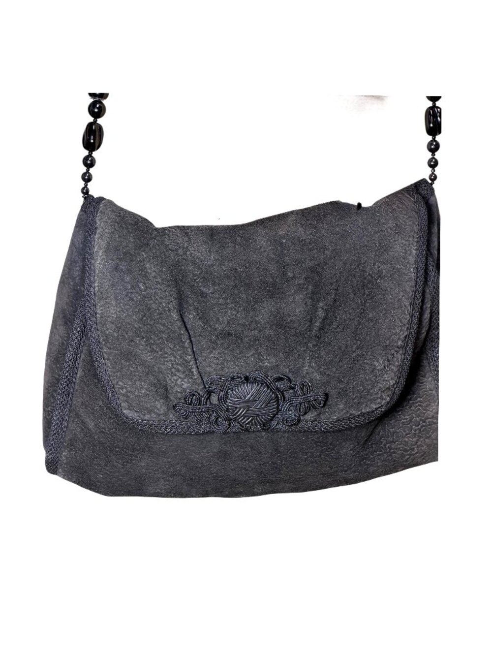 1980s Rafael Sanchez suede shouder bag with braided strap and soutache